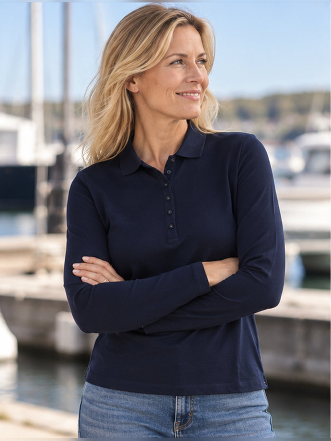 Stretch Langærmet Poloshirt Dame, Navyblå