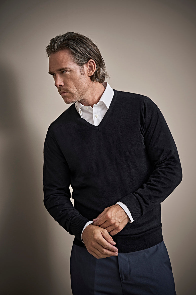 Strik Crewneck V Hals Herre, Grå Melange, Teejays - Style 6001