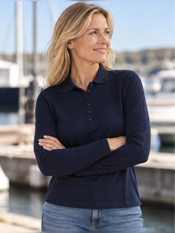 Stretch Langærmet Poloshirt Dame, Navyblå