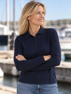 Stretch Langærmet Poloshirt Dame, Navyblå