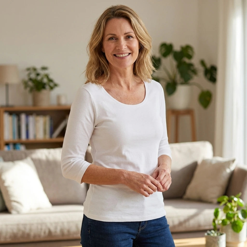 3/4 Ærmet Stretch T-shirt - Dame - Hvid - ID 0597 | Female +40 years old