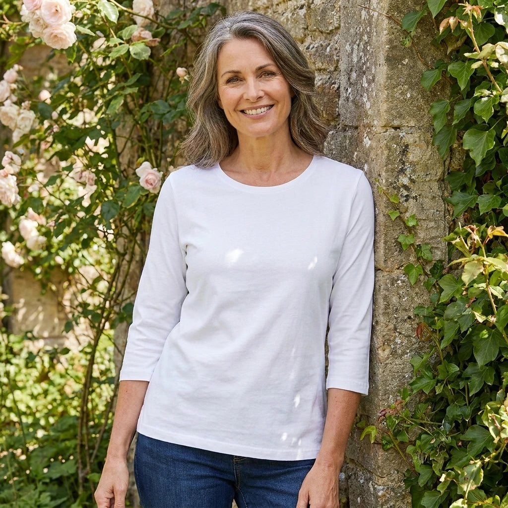 3/4 Ærmet T-shirt - Dame - Hvid - ID313 | Female +40 years old