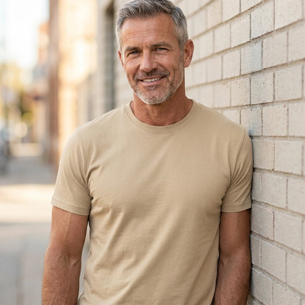 Basic T-shirt, Kit - 2000 | Livsstilsfoto af en veltrænet mand omkring 55 år med kortklippet gråt/salt-og-peber hår og skægstubbe, iført en almindelig hvid rundhalset T-shirt uden tryk.