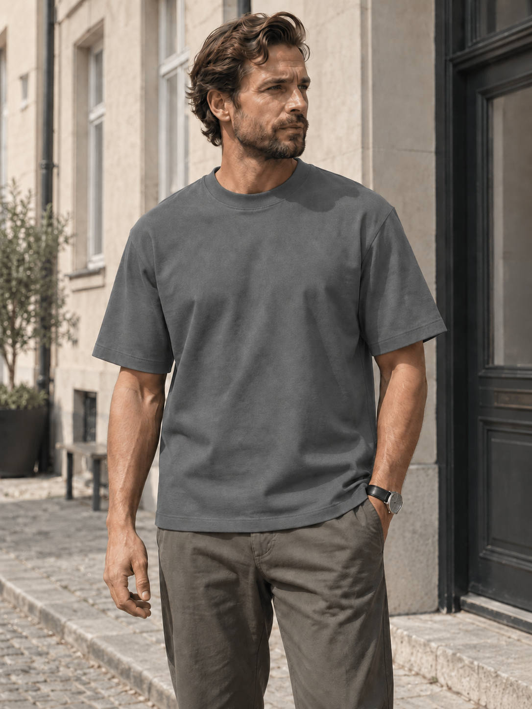 Loose Fit T-shirt med kraftig hals, Mørkegrå