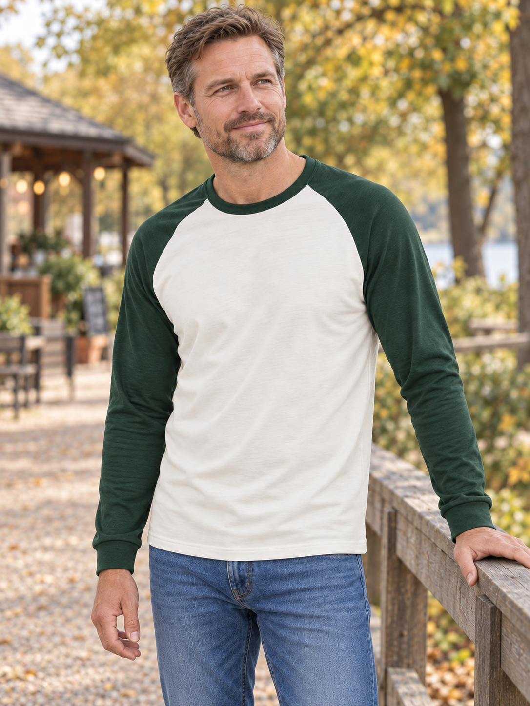 Baseball tofarvet langærmet t-shirt, Cream/Grøn