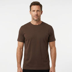 T-Time T-shirt, Mocca/Brun 0510 | Studio portrait of a 45-year-old man, athletic build, short brown hair, light stubble, neutral confident expression, standing against a plain white seamless stu