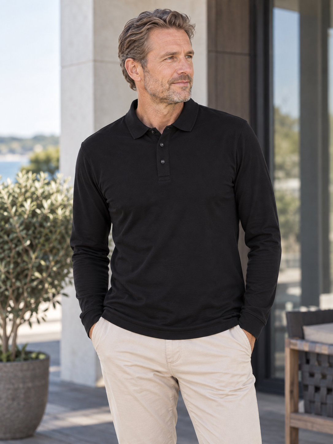 Stretch Langærmet Poloshirt Herre, Sort