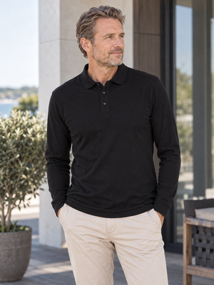 Stretch Langærmet Poloshirt Herre, Sort