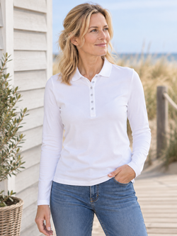 Stretch Langærmet Poloshirt Dame, Hvid