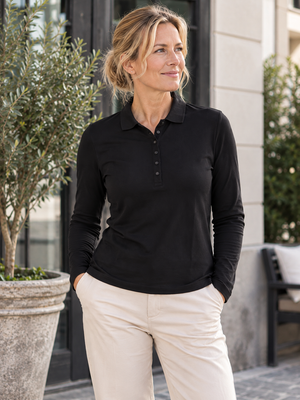 Stretch Langærmet Poloshirt Dame, Sort